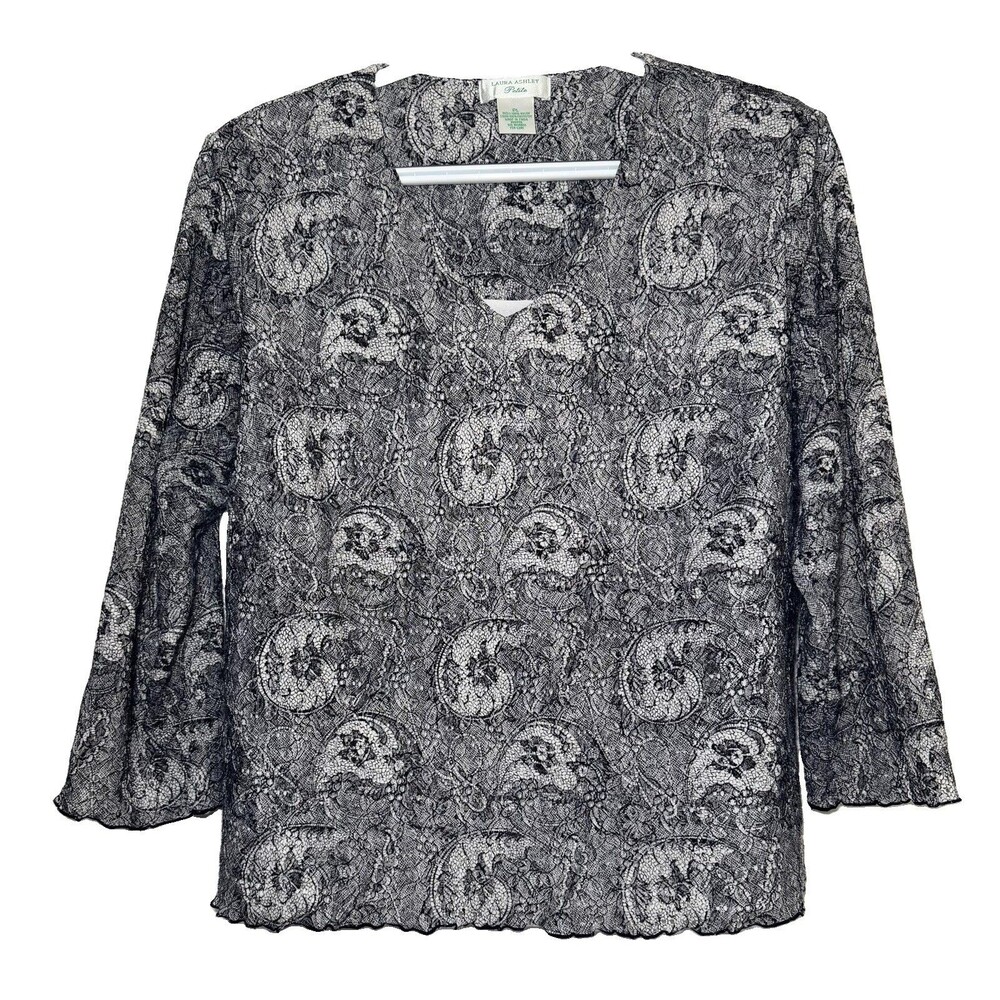 Vintage Laura Ashley Petite Black White Paisley Crinkle Blouse PL Lined 3/4 Slv